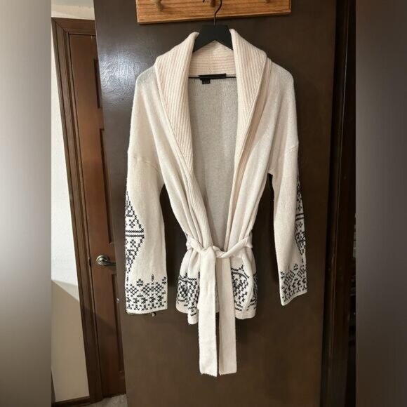 360 Cashmere Cream with Black Embroidery midi Duster Cardigan Size XS - Picture 1 of 6